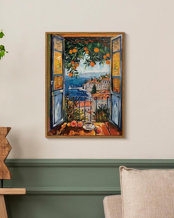 Coastal Framed Canvas Wall Art 12x16 Ocean View with Coffee and Orange Tree, Mediterranean Summer Balcony Window Landscape Artwork Seascape Painting, Beach House Living Room Bedroom Décor