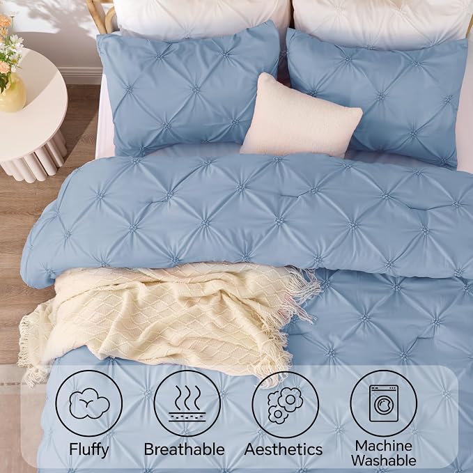 BEDELITE Twin Comforter Set Cornflower Blue,Lightweight & Soft Comforter | Pintuck Boho Bedding, Warm & Cute Bed Set for All Season,With 1 Pillowcase