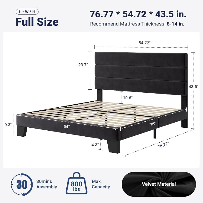 Allewie Full Size Platform Bed Frame with Velvet Upholstered Headboard | Wooden Slats Support, Fully Upholstered Mattress Foundation, No Box Spring Needed, Easy Assembly, Noise-Free, Black