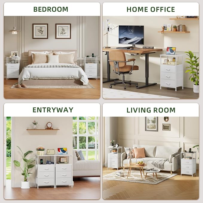 Somdot Nightstands Set of 2 with 3 Drawers, Charging Station & LED Light | Open-Shelf End Tables for Bedside, Small Spaces, Bedroom, Entryway and Hallway, White