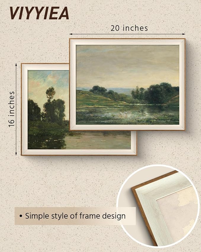 VIYYIEA Framed Vintage Landscape Wall Art Set of 2, Classical Nature Scene Canvas Painting Print, Rustic Home Decor for Living Room and Bedroom, 16x20 Inch