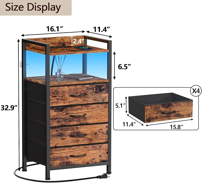 Furnulem Night Stand with Charging Station, 4 Drawer Tall Bedside Table | small dresser for bedroom, with LED light & Remote Control, Fabric Bins and Metal Frame,Wood Desk Top,Easy Assemble for Dorm