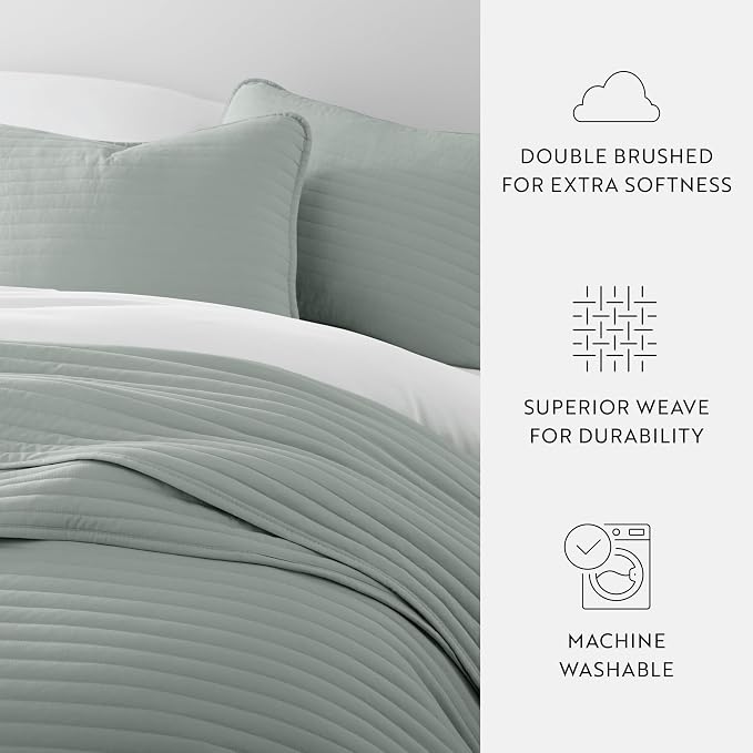 Merit Linens Modern Quilt Coverlet Soft Set in Stripe Stitching - Twin/TwinXL Eucalyptus