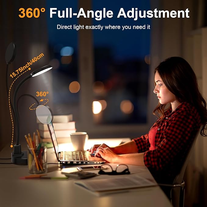 15W LED Desk Lamp with USB Charging Ports, [Button & Remote Control] Dimmable Table Lamp with 3 Color Modes, 5 Brightness Levels, 4 Timers, Flexible Reading Light for Home Office, Bedroom, Kids Study