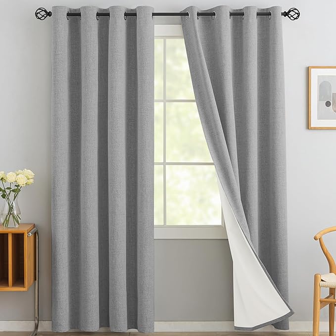 Yakamok Dove Grey Linen Textured Curtains 96 Inches Long for Living Room | 100% Blackout Curtains,Room Darkening Curtains,Thermal Grommet Bedroom Curtain 2 Panels with Greyish White Liner,52W x 96L