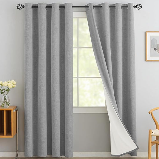 Yakamok Dove Grey Linen Textured Curtains 96 Inches Long for Living Room | 100% Blackout Curtains,Room Darkening Curtains,Thermal Grommet Bedroom Curtain 2 Panels with Greyish White Liner,52W x 96L