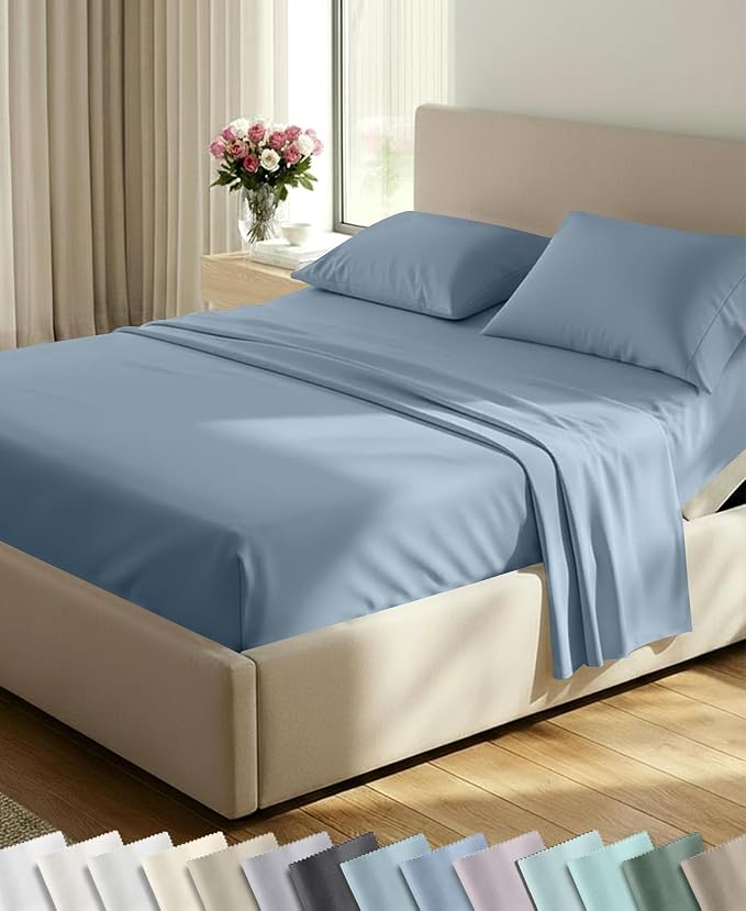 California Design Den 600 Thread Count Split King Bed Sheet Set, 5 Pcs Set | 100% Cotton Sateen, Good Housekeeping Seal, Split King Sheets Sets for Adj. Bed with 2 Sep. Twin-XL Mattresses - Pastel Blue