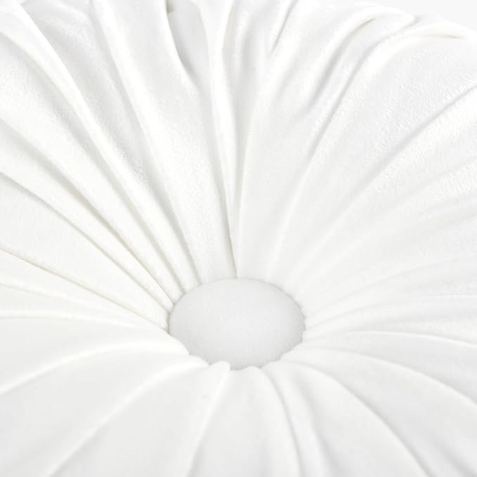 HIG Set of 2 Off White Velvet Decorative Round Pleated Throw Pillows | Vintage Floor Pillows, Classy Accent Pumpkin with Center Button, for Sofa Couch Vanity Chair Bed, 14.5" Diameter