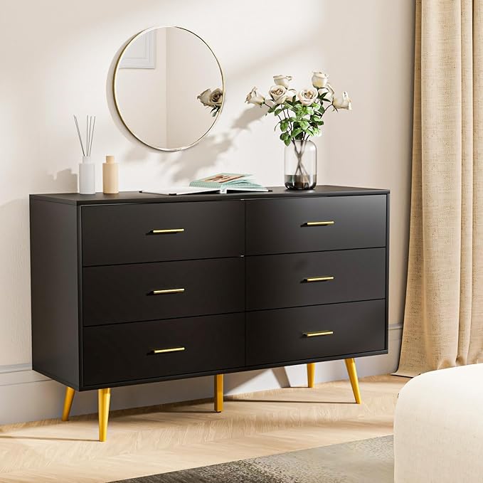 Black 6 Drawer Dresser for Bedroom, 47" Wood Dresser with Gold Handles. | Modern Dressers & Chests of Drawers for Living Room, Hallway, Entryway.
