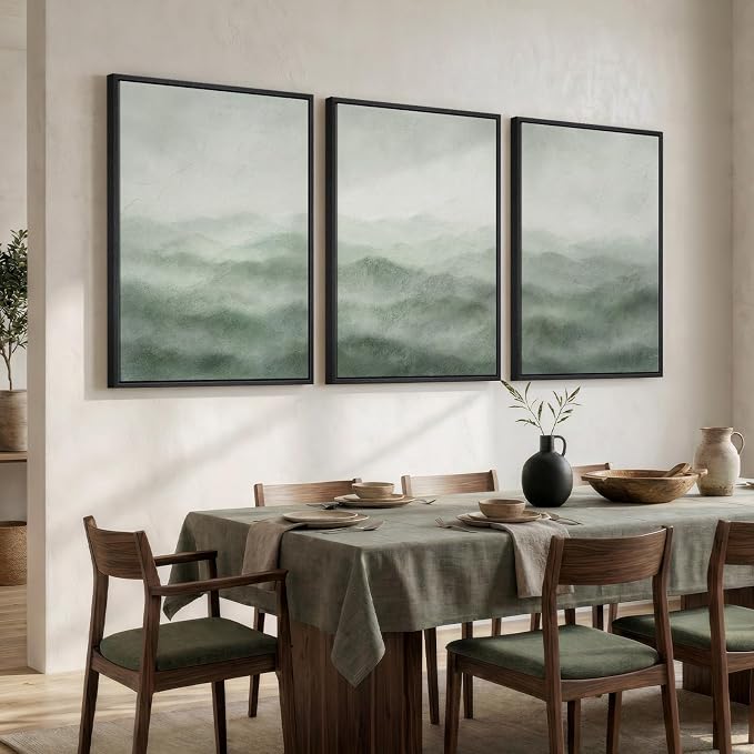 Large Framed Green Abstract Wall Art for Living Room, 3 Piece Set 24x36 In | Minimalist mountain landscape pictures, Canvas prints, Wood frame, Modern nature painting, Wall decor for bedroom dining room