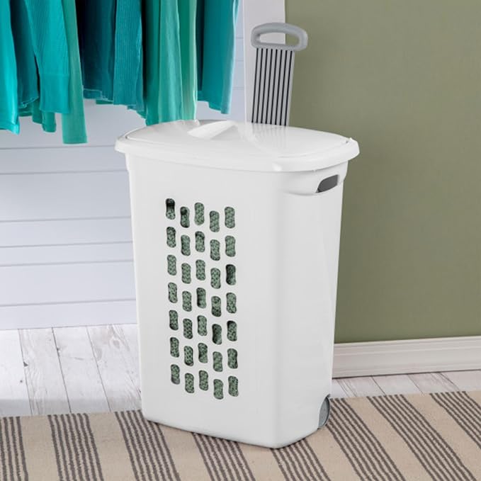 Sterilite 9-Pack Ultra Wheeled Hamper, Laundry Basket w/Flip-Top Lid & Retractable Handle - Plastic Rolling Clothes Storage Cart with Ventilated Holes for Home, Apartment or Dorm