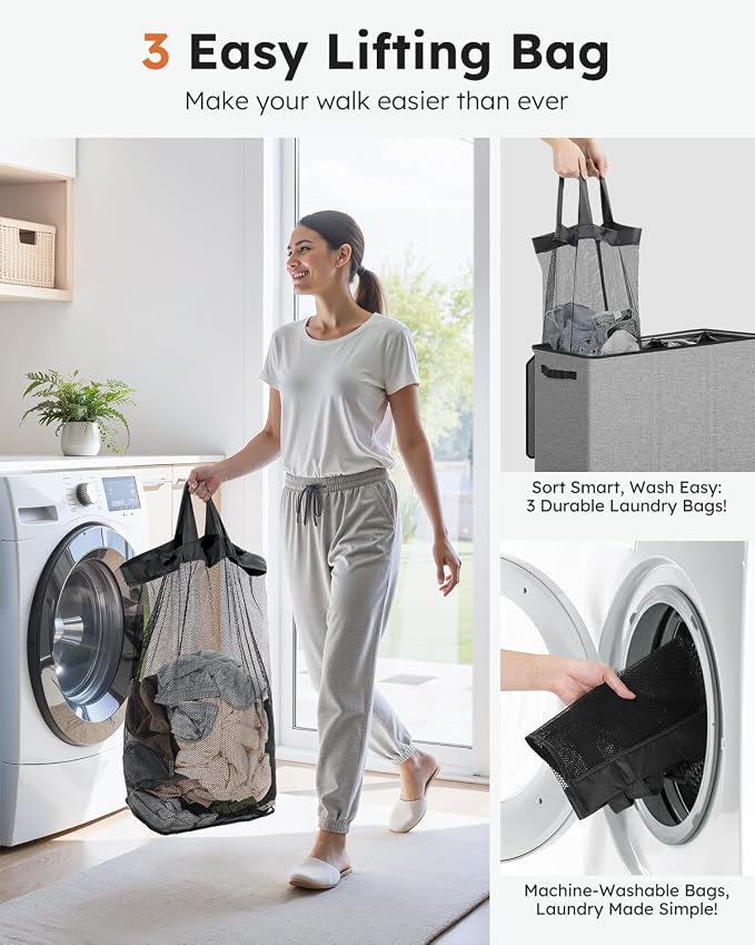 SOLEDI Large Laundry hamper 3 Section with Laundry Bag, XL Clothes Basket | 3-Section Large capacity Laundry Sorter with Odor-Blocking Lid, Robust Iron Frame & Waterproof 600D Fabric, 3 Washable Bags