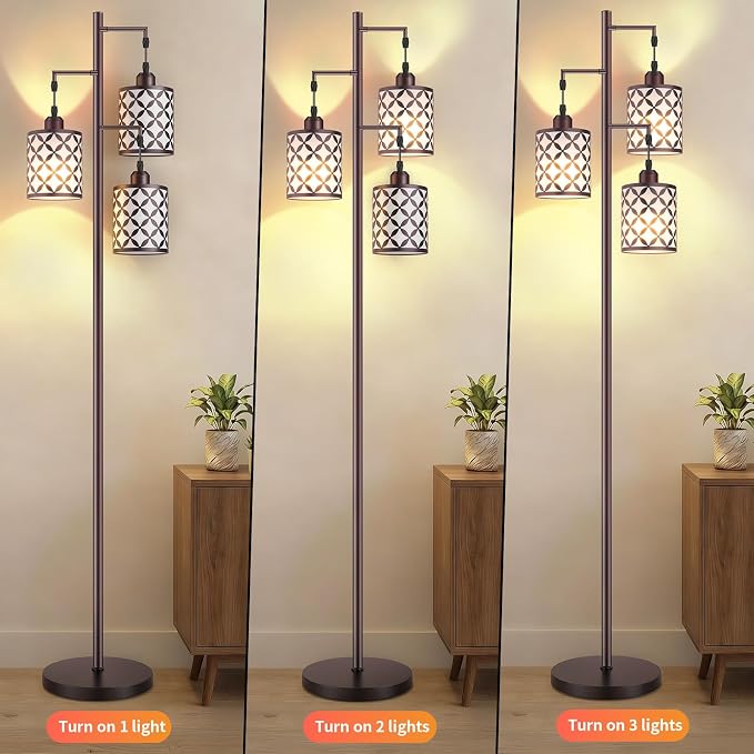 72" Dimmable Floor Lamp with Remote & Timer, Industrial Farmhouse Rustic Standing Lamp for Living Room Bedroom, 3 Individually Controlled Heads, 2 Height Options, 3 x LED Bulbs Included