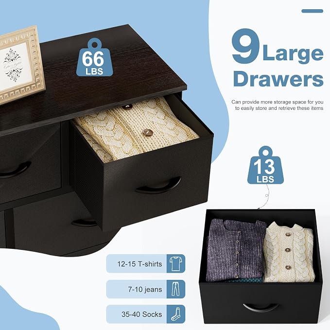 DUMOS Dresser for Bedroom, Storage Organizer with 9 Drawers | Chest of Drawers with Fabric Bins, Sturdy Metal Frame, Wood Tabletop for Guest Room, Closet, Entryway, Solid Black