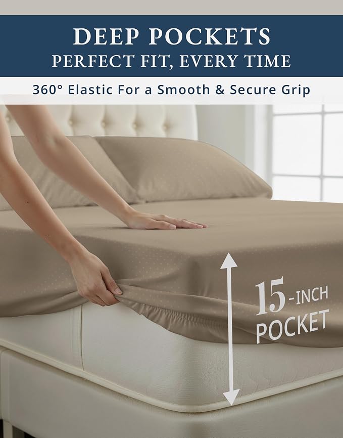 LANE LINEN Cotton Full Size Sheet Sets 100% Egyptian Cotton Sateen - Taupe | Full XL Sheets Set - 4-Piece Set, For A Luxurious Night's Sleep, For Guests And Everyday Use, Guest-Ready Comfort