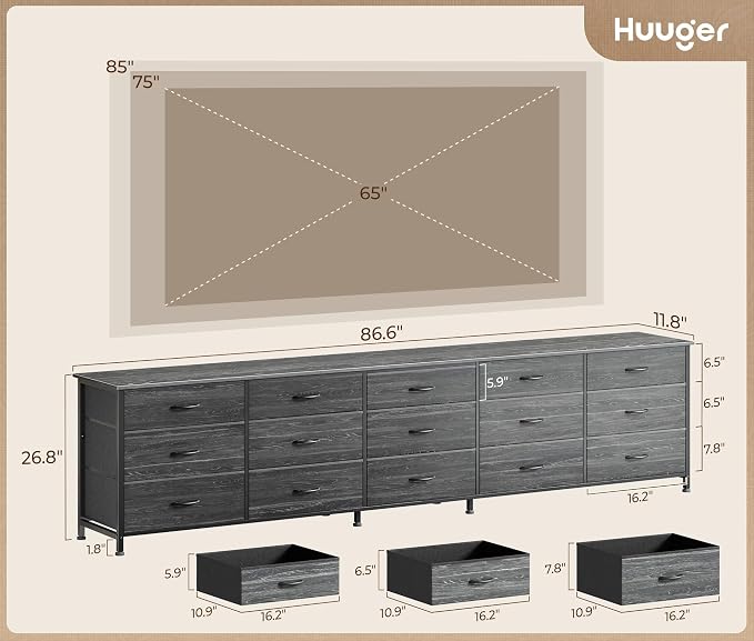 Huuger 86.6 Inch Long Dresser for Bedroom, TV Stand for 65, 75, 85 Inch TV | 15 Large Fabric Drawer Dresser, Entertainment Center for Bedroom, Wide Chest of Drawer with Storage