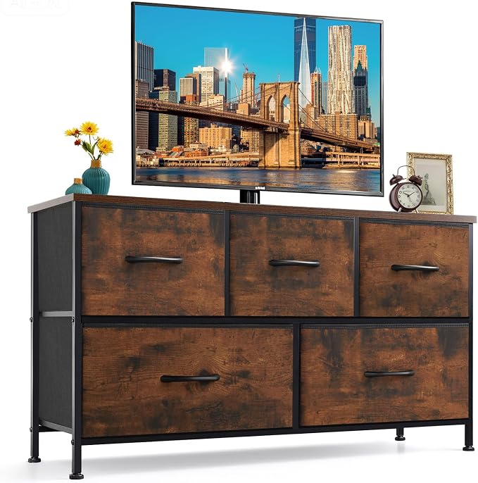 5-Drawer Dresser for Bedroom, Anti-Tip Wide Storage Organizer Fabric | Chest of Drawers TV Stand for 45" TV with Wooden Top and Metal Frame for Closet, Living Room, Hallway, Entryway, Brown