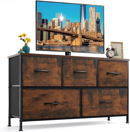 5-Drawer Dresser for Bedroom, Anti-Tip Wide Storage Organizer Fabric | Chest of Drawers TV Stand for 45" TV with Wooden Top and Metal Frame for Closet, Living Room, Hallway, Entryway, Brown