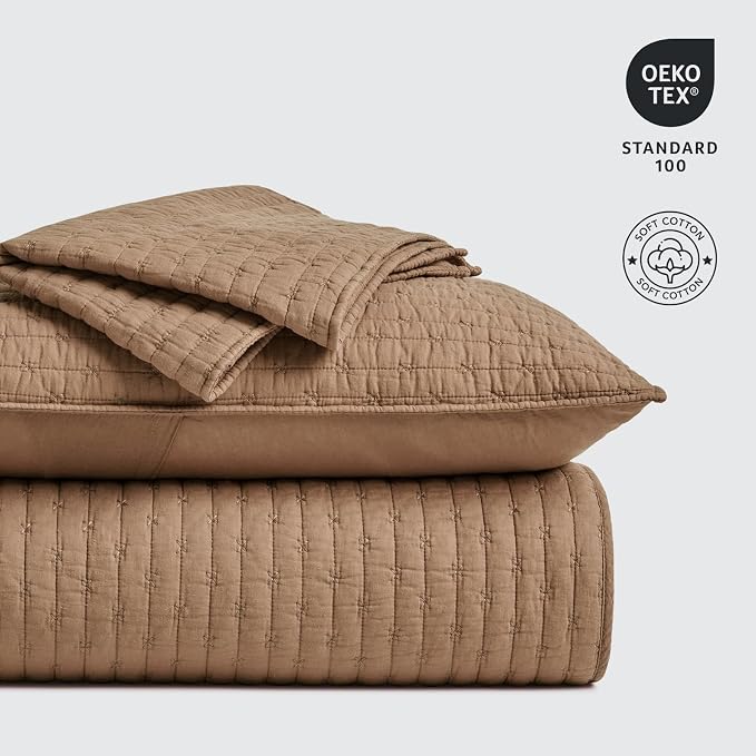 100% Cotton Cross Stitch 3-Piece Quilt Set, Queen, Camel Brown | 100% Cotton, Elegant Cross Stitch, Soft & Breathable, Prewashed Softness, Oversized Design, OEKO-TEX® Certified
