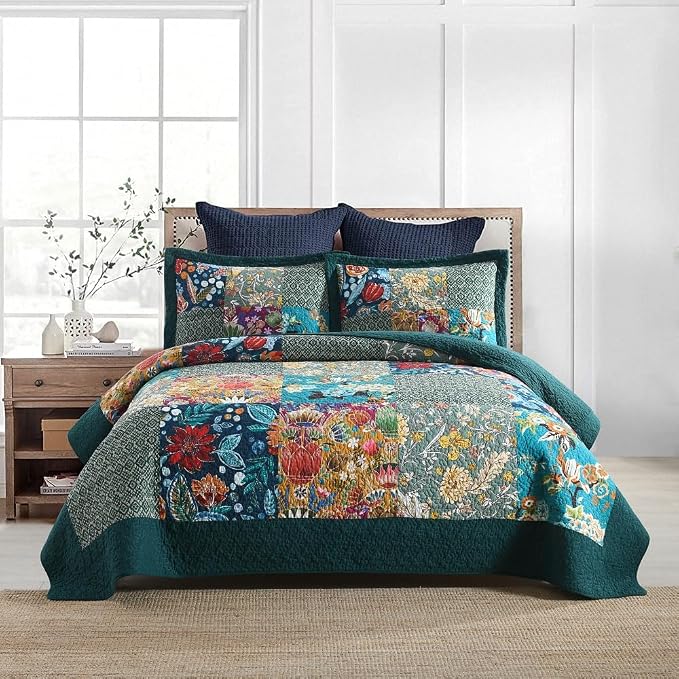 ENASAL Cotton Bedspread Quilt Sets Reversible Bedding Coverlet Sets Comforters, Patchwork Vintage Floral Turquoise Bedspread, Queen Size