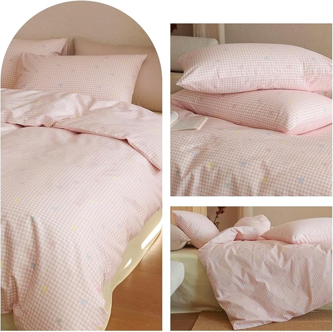 mixinni Gingham Duvet Cover Full Size, 100% Cotton Light Pink and White Gingham Bedding Set for Girls, Cute Bow Print Soft Aesthetic Cottagecore Bedding 3 Pieces (1 Duvet Cover + 2 Pillowcases)