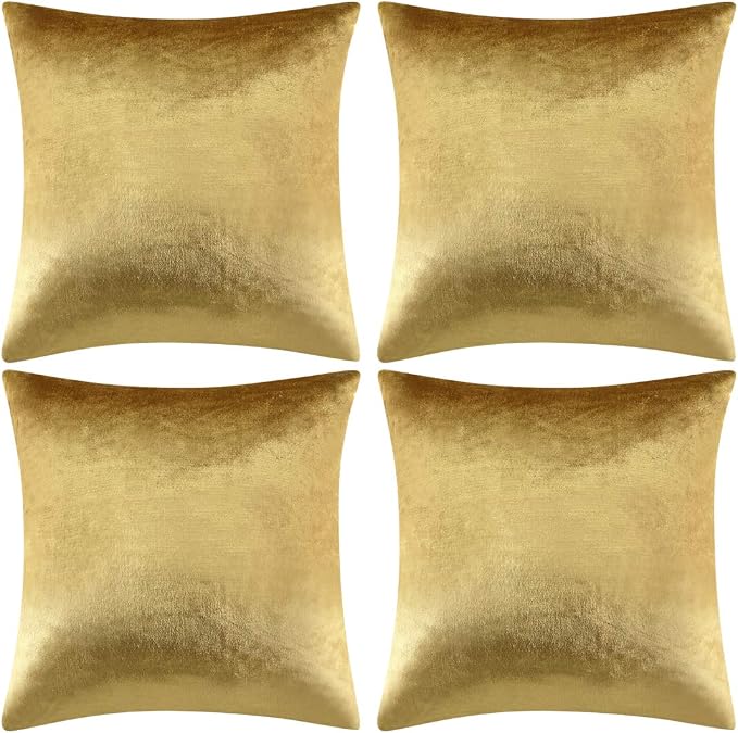 GIGIZAZA Pack of 4 Gold Decorative Velvet Pillow Covers 18x18 | Throw Pillows for Couch Sofa,300gsm Soft Thick Fabric,Modern Accent Pillowcases,Luxury Living Room Cushion Covers