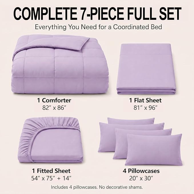 Full Size Comforter Sets Lavender - 7 Pieces Bed in a Bag | OEKO-TEX Certified, All-Season, Bedroom, Guest Room, Down-Alternative Comforter + Flat & Fitted Sheets + 4 Pillowcases