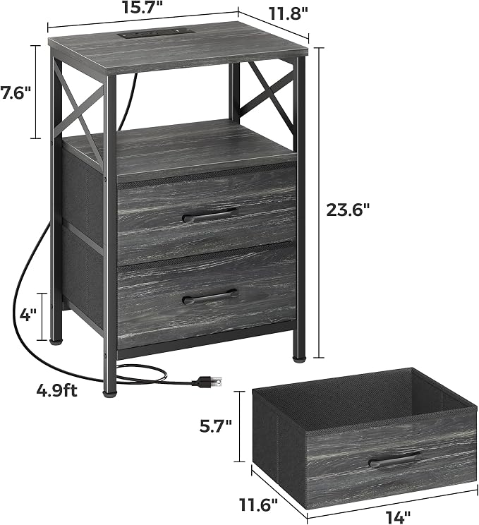Huuger Nightstand Set of 2 with Charging Station, USB-C Port, End Tables | Night Stand with 2 Drawer Side Table with Open Shelf, Bedside Table for Small Spaces, X Shaped Side Rail, Charcoal Black