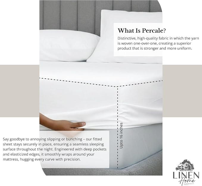 Linen Home 6 Piece Queen Cotton Sheet Set, 100% Cotton Percale, 4 Pillowcases, Deep Pocket with All Around Elastic Sheet, Crisp Breathable Bedding, Hotel Luxury, Long-Staple Combed Cotton, Snow White