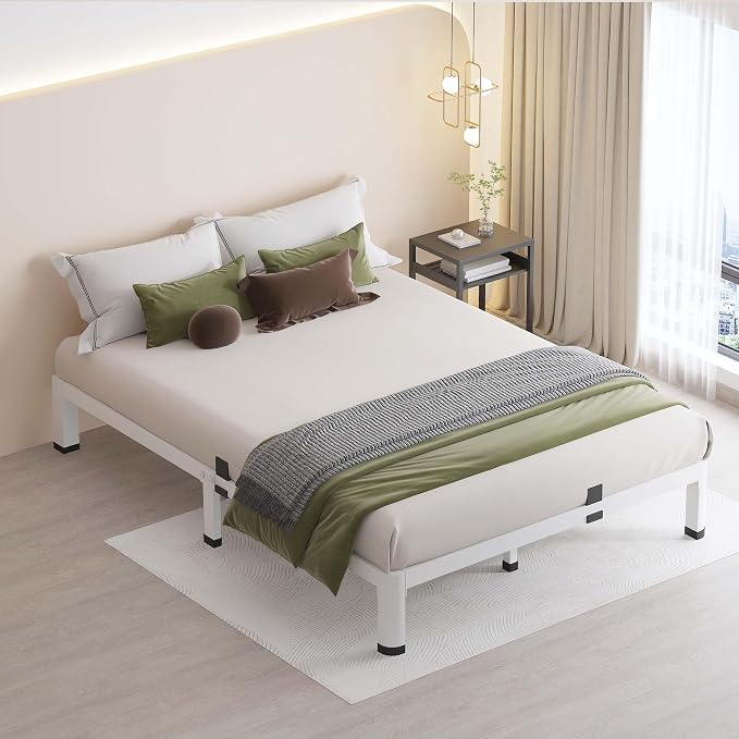 MAF 7 Inch Full Size Metal Platform Bed Frame White with Round Corner Legs | Mattress Slide Stopper, 3000 LBS Heavy Duty Steel Slats Support, Noise Free, No Box Spring Needed, Easy Assembly, Anti-Slip