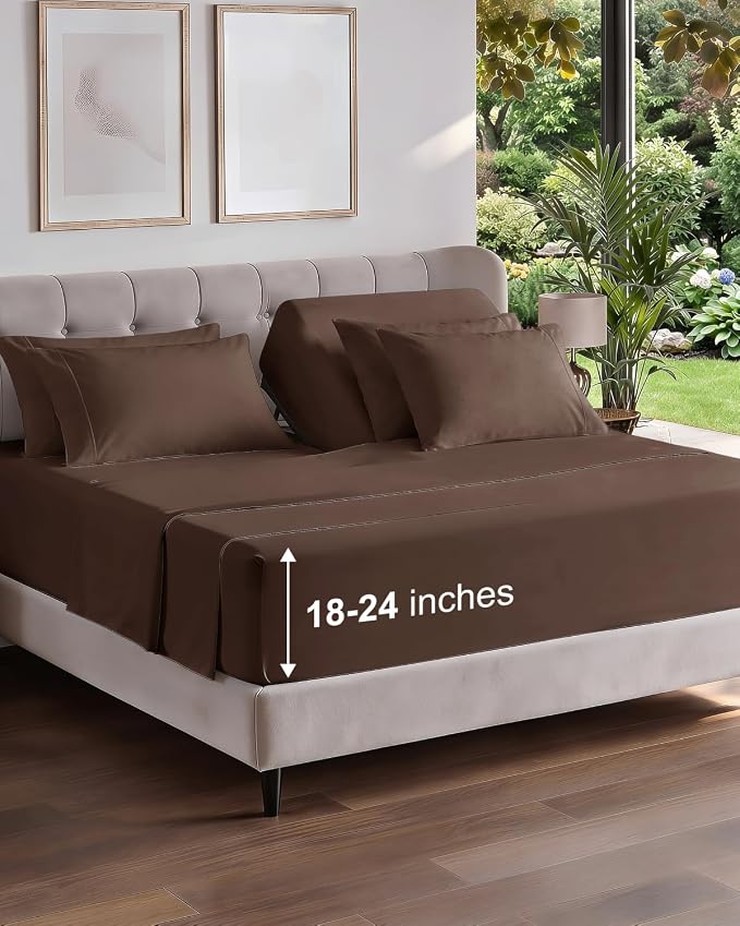 CGK Unlimited Extra Deep Flex Top Split Head King Sheet Set - 6 Piece Breathable and Cooling Sheets - Hotel Luxury Bedding for Women, Men, Kids & Teens - Easy Secure Fit - Extra Deep Pockets - Brown