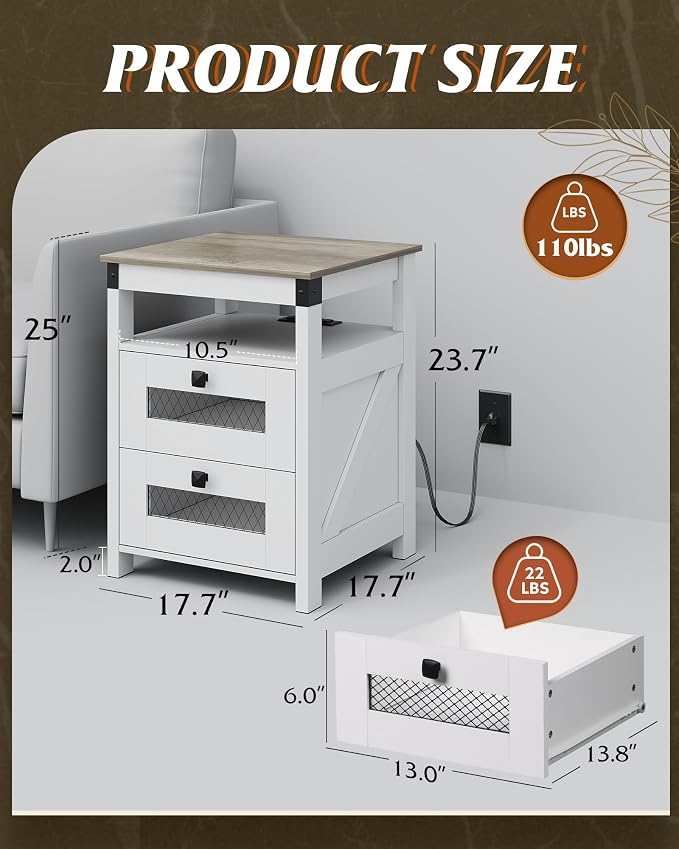 WLIVE Nightstand with Charging Station, Farmhouse End Table, Bed Side Table with 2 Storage Drawers and Open Shelf, Wood Rustic Nightstands for Bedroom, White and Greige