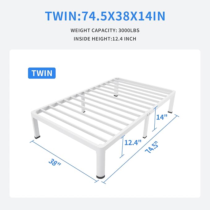 MAF 14 Inch Twin Metal Platform Bed Frame White with Round Corner Legs | Mattress Baffle, 3000 LBS Heavy Duty Steel Slat Support, Noise Free, No Box Spring Needed, Easy Assembly, 12.4" Storage Space
