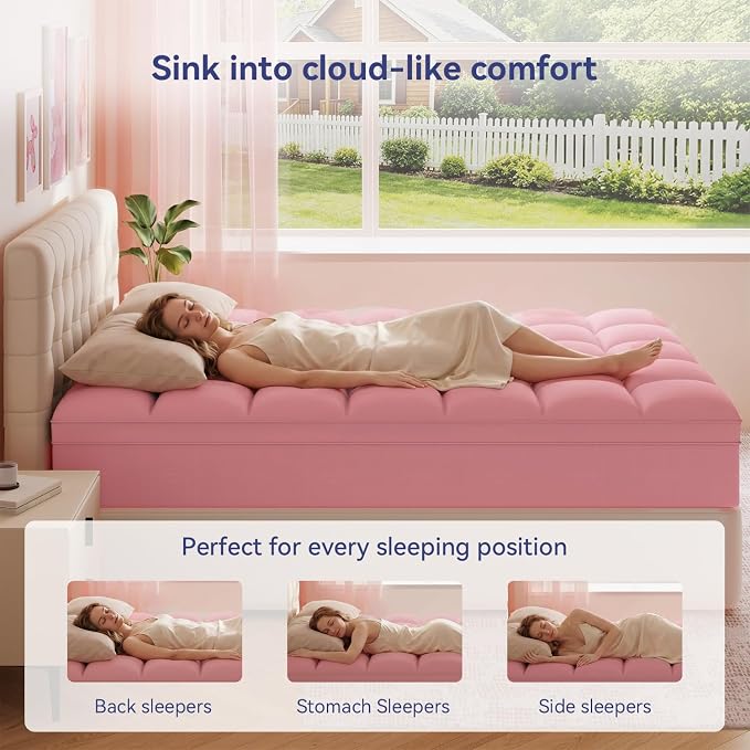 ELEMUSE Twin Pink Mattress Topper, Thick Pillow Top Mattress Pad | Plush comfort with overfilled down alternative filling. Deep pocket fits twin beds in bedrooms, guest rooms and small spaces