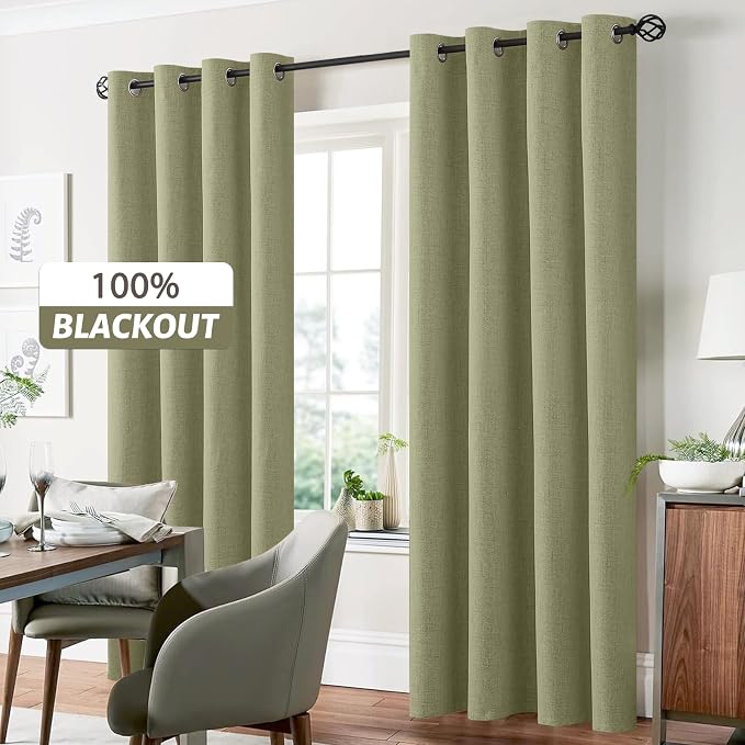 Yakamok Sage Linen Textured Curtains 72 Inches Long for Living Room | 100% Blackout Curtains,Room Darkening Curtains,Thermal Grommet Bedroom Curtain 2 Panels with Greyish White Liner,52W x 72L