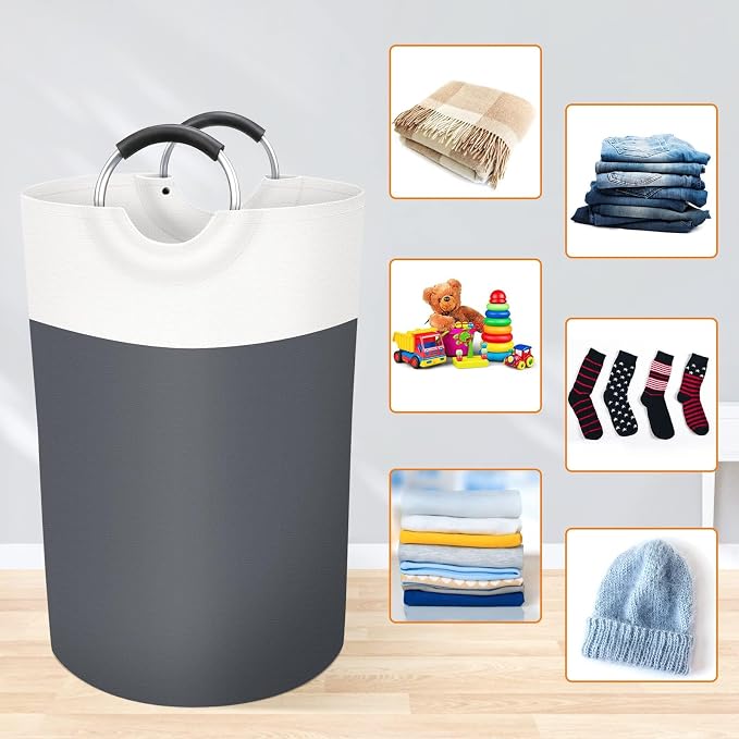 BlissTotes 75L Laundry Basket, Freestanding Collapsible Hamper, Gray | Collapsible Dirty Clothes Hamper, Foldable Laundry Bag for Dorm, Waterproof Fabric, Padded Aluminum Handles