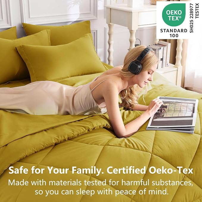 Full Size Comforter Sets Mustard Yellow - 7 Pieces Bed in a Bag | OEKO-TEX Certified, All Season, 240GSM Down-Alternative Comforter, Sheets, Pillowcases & Shams, 14" Deep Pocket, Easy Care