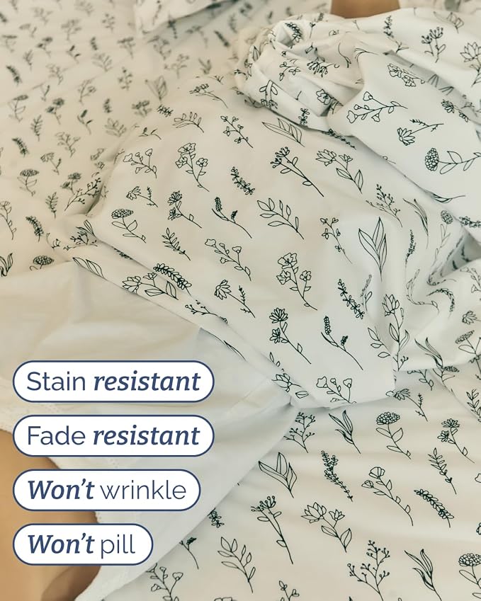 Twin 3 Piece Boho Botanical Floral Sheet Set - Soft & Cooling - Plants | 1 Flat, 1 Fitted & 1 Pillowcase w/ Deep Pockets, Boho Botanical Floral Bedding, Breathable & Cooling, Wrinkle & Fade Free