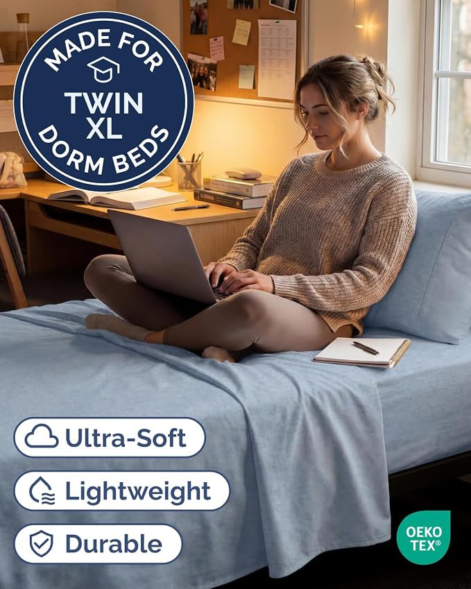 Twin XL 3 Piece Sheet Set - College Dorm Room Essentials - Heathered Blue | Deep Pocket Bed Sheets for Women, Men, Teens & Students, Soft, Cooling, Breathable & Wrinkle Free, Oeko-Tex Bed Sheet Set