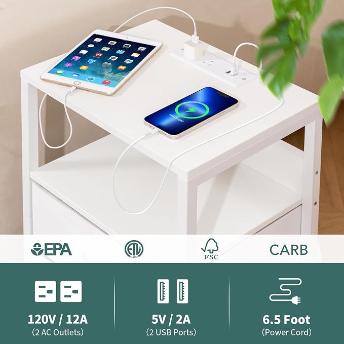 Yoobure Nightstand with Charging Station, Small Night Stand with Fabric Drawers and Storage Shelf for Bedrooms, Nightstands for Small Spaces, Bedside Table with USB Ports & Outlets, Bed Side Table