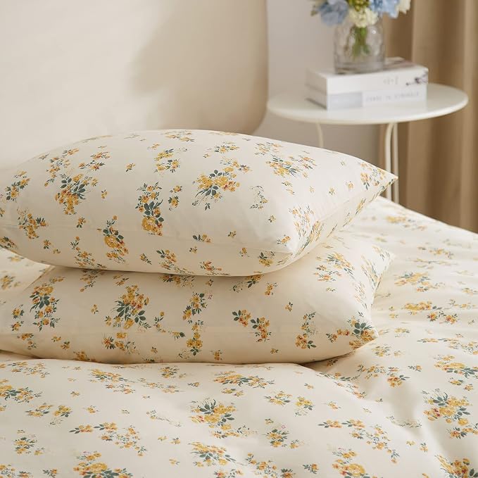 mixinni Aesthetic Floral Duvet Cover Set Twin Size, Farmhouse Boho Yellow Flowers Leaves Cute Bedding Set for Women, 1 Soft Cotton Chic Duver Cover and 2 Pillowcases for All Seasons-Twin Size