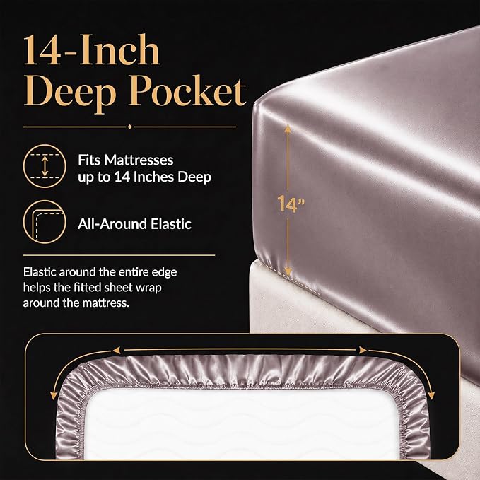 CozyLux Satin Sheets Queen, 4-Piece 14-Inch Deep Pocket Sheet Set | OEKO-TEX Certified Silky Soft Sheet Set for Hair &Skin, Luxurious Silky-Smooth Satin for Elegant Bedroom Decor, Dusty Purple