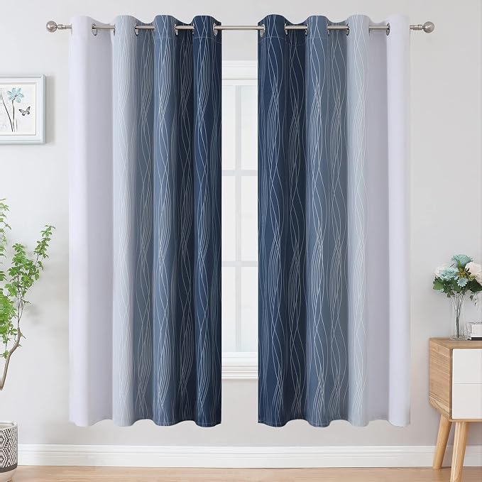 Navy Blue and Greyish White Blackout Curtains for Living Room 72 Inch Long | Estelar Textiler Ombre Room Darkening Bedroom Curtains,Thermal Insulated,Energy Saving Grommet Window Drapes,52Wx72L,2 Panels