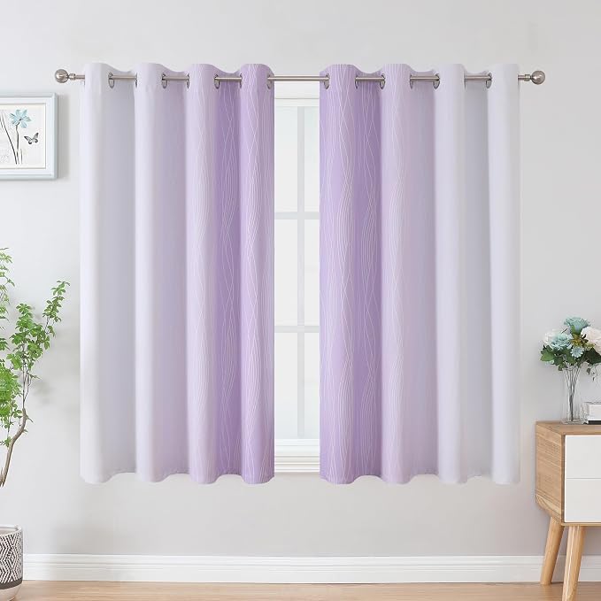 Lilac and Greyish White Ombre Blackout Curtains for Bedroom 45 Inch Long | Estelar Textiler Room Darkening Gradient Living Room Curtains,Thermal Insulated,Light Blocking Grommet Drapes,52x45,2 Panels