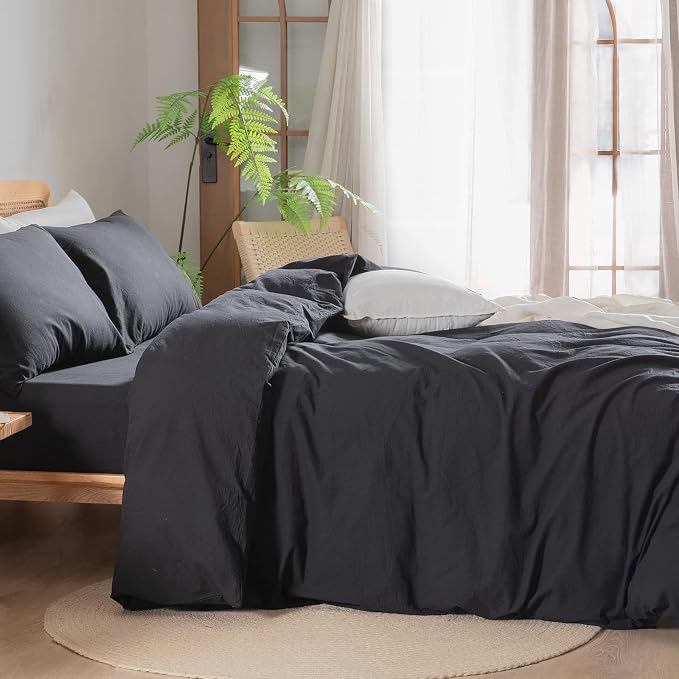 BESTOUCH Cotton Solid Duvet Cover Set Linen Feel Deep Black Oversized King | 100% Washed Cotton, Soft Wrinkle Texture, Hidden Zipper, 8 Ties, Breathable Lightweight Durable Comfy, 3 Pcs No Insert