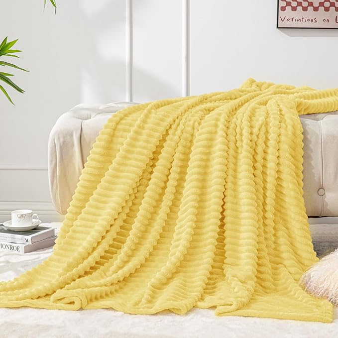 BEDELITE 3D Ribbed Light Yellow Fleece Throw Blanket for Couch, 50x60 Inch | Soft Warm Decorative Fluffy Blanket, Cozy Plush Lightweight Fuzzy Throw Blanket for Bed Sofa Home Room Decor, Gift for Women