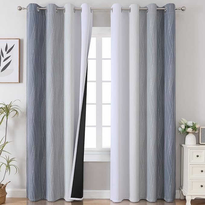 Grey and Greyish White Ombre Blackout Curtains for Living Room 84 Inch Long | Estelar Textiler Gray Light Blocking Bedroom Curtains,Room Darkening Thermal Insulated Grommet Window Drapes,52Wx84L,2 Panels