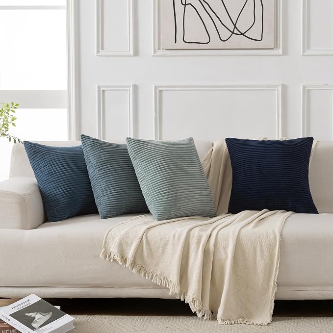 Volcanics Set of 4 Dusty Blue Navy Series Corduroy Pillow Covers 18x18 in | Decorative Modern Boho Striped Cushion Cases for Patio, Balcony, Children Bedroom, Summer Gradient Shams