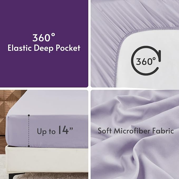 7 Pieces California King Comforter Set, Reversible Bed in a Bag Cal King Size, All Season Bedding Set with Comforter, Flat Sheet, Fitted Sheet, Pillowcases & Shams, Purple & Lavender