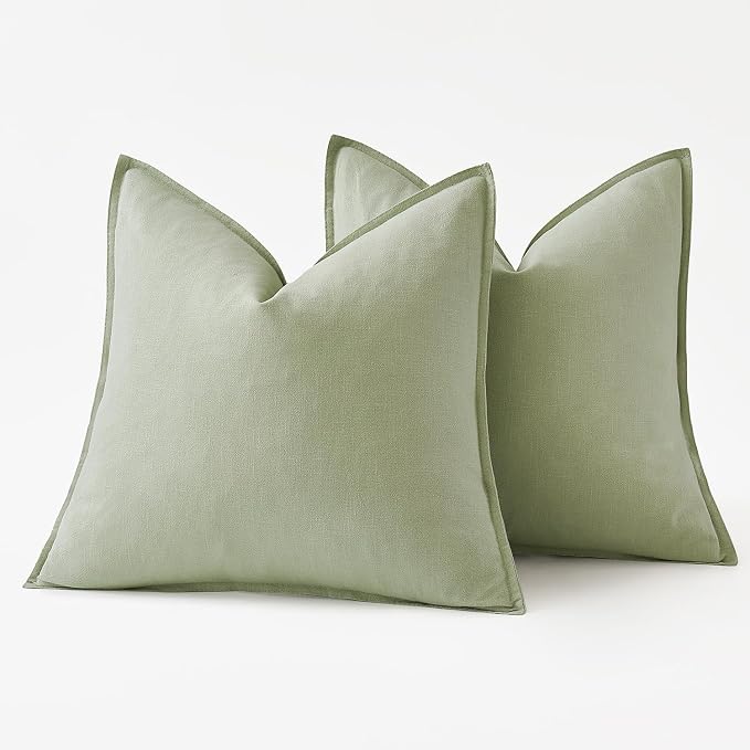 MIULEE Decorative Linen Pillow Covers 18x18 Inch Light Green | Boho Farmhouse Neutral Couch Throw Pillows for Bed, Pack of 2 Accent Modern Pillowcases, Sofa Livingroom Home Decor
